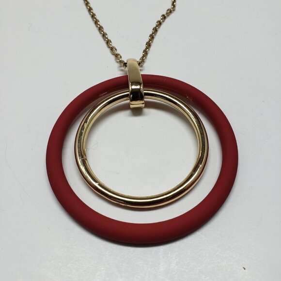 Women's Stunning Polished Gold Tone Necklace w/ Double Hoops Pendant, 38+4-inch - Picture 5 of 10